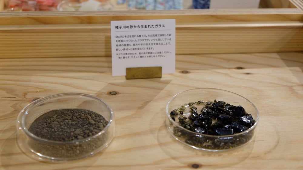 帷子川の流域で採取した砂（左）と、その砂を原料につくられたガラス（右）